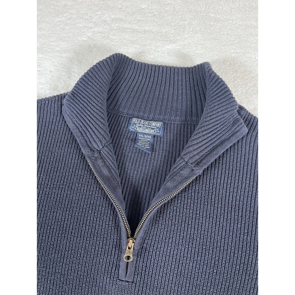 Polo Jeans Company Ralph Lauren Blue Ribbed Heavy Cotton Quarter Zip Sweater XXL - Picture 2 of 7